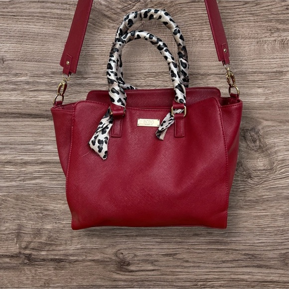 BCBG Paris Satchel Handbag with scarf wrapped strap handles. - Picture 3 of 7